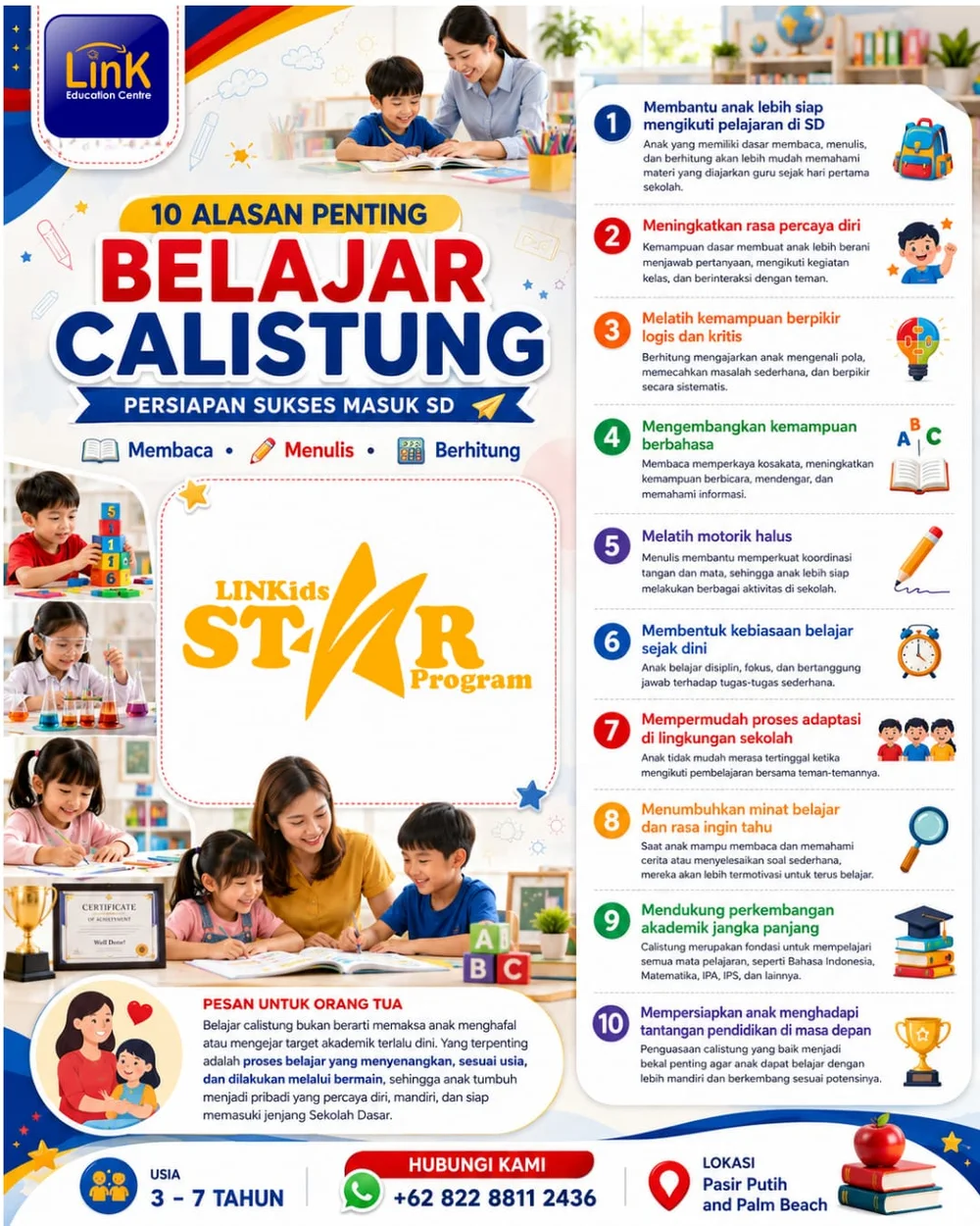 Poster 10 alasan penting belajar Calistung.
