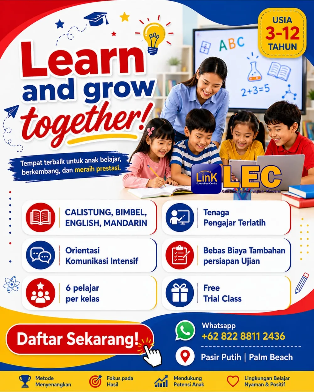Poster Learn and Grow Together — program LEC usia 3–12 tahun.
